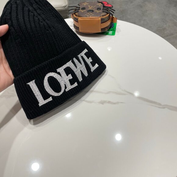 LOEWE Wool Beanie Hat Unisex Black Knit Winter Cap Logo Embroidered Warm Gift